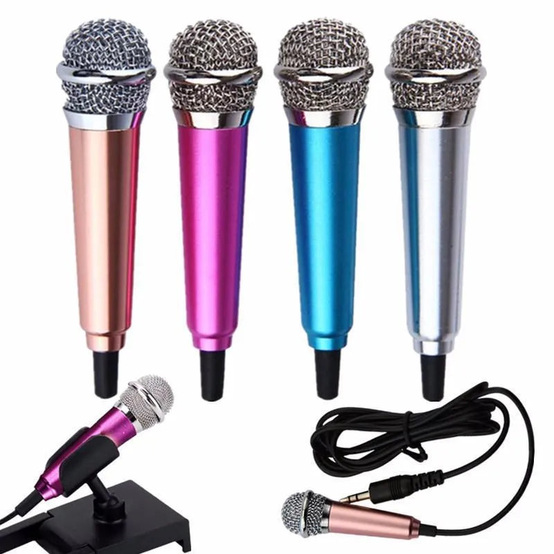 T3 mini condenser karaoke microphone for Android phones in blue, gold, red, and silver colours with a 3.5mm cable.