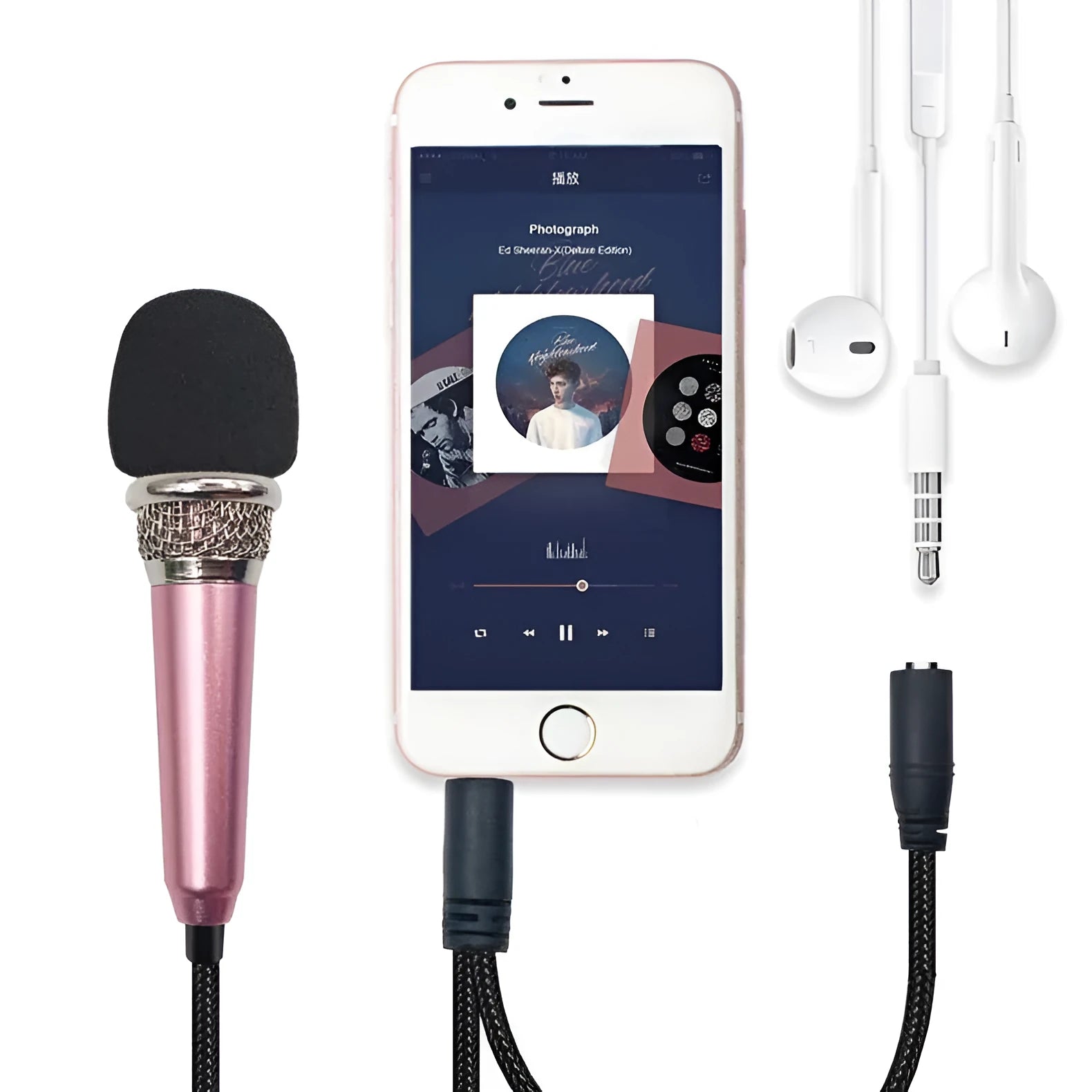 T3 mini condenser karaoke microphone for Android phones in blue, gold, red, and silver colours with a 3.5mm cable.