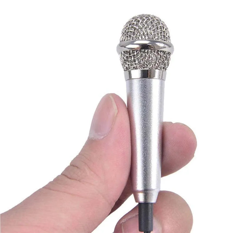 T3 mini condenser karaoke microphone for Android phones in blue, gold, red, and silver colours with a 3.5mm cable.