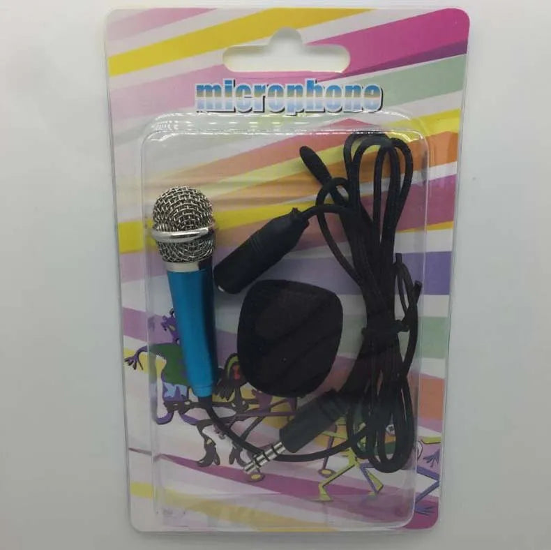 T3 mini condenser karaoke microphone for Android phones in blue, gold, red, and silver colours with a 3.5mm cable.