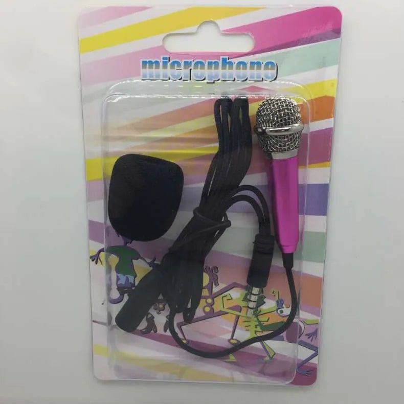 T3 mini condenser karaoke microphone for Android phones in blue, gold, red, and silver colours with a 3.5mm cable.