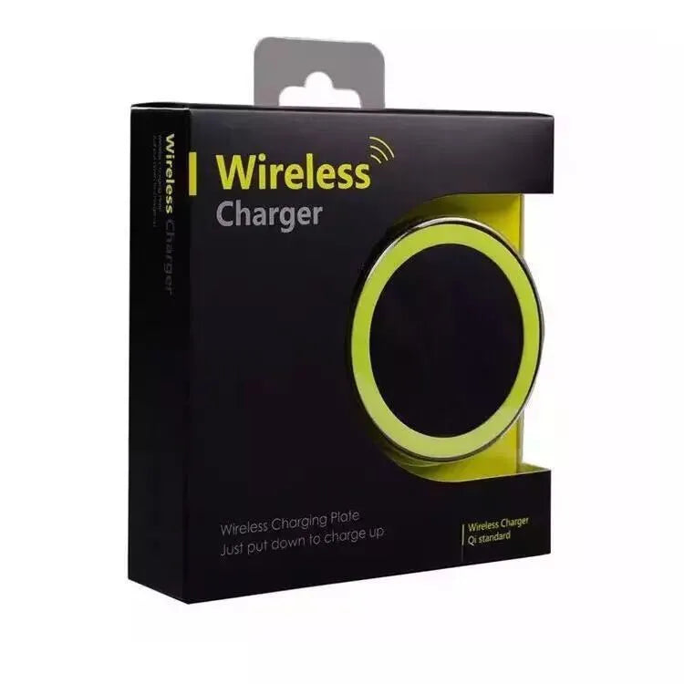A compact square wireless charging base for mobile phones, shown in multiple colour options.