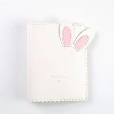 3-inch rabbit mini photo album with PU cover showing pink, blue and white colour options