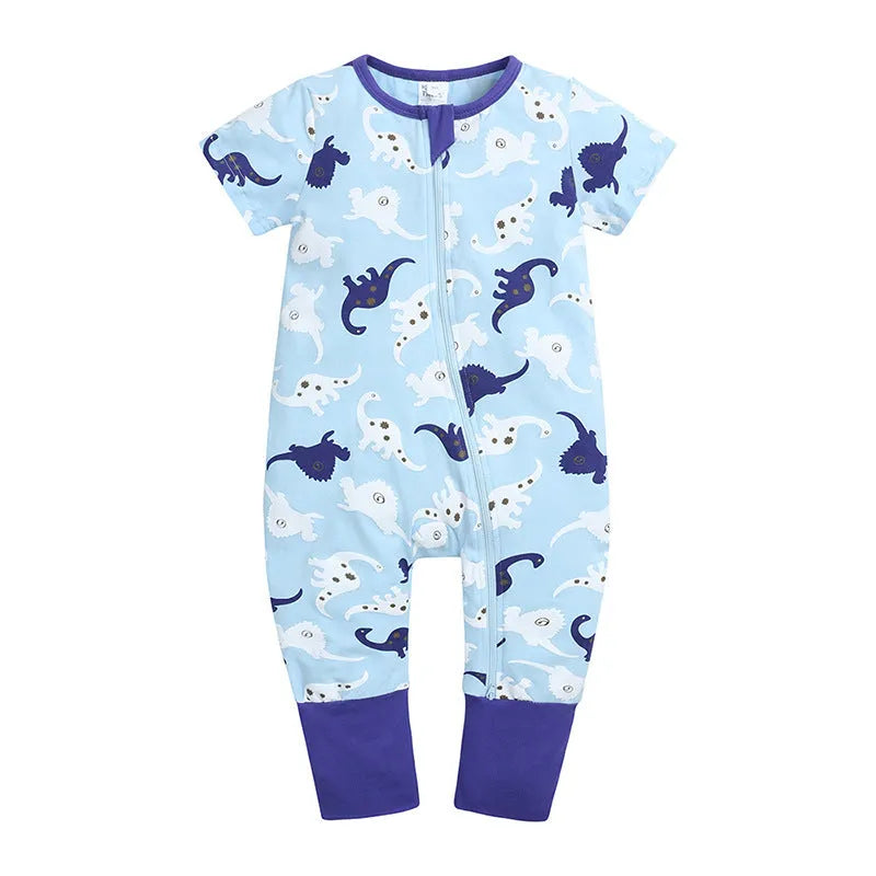 Cotton baby jumpsuit short sleeve zipper romper in blue, sizes 66-100