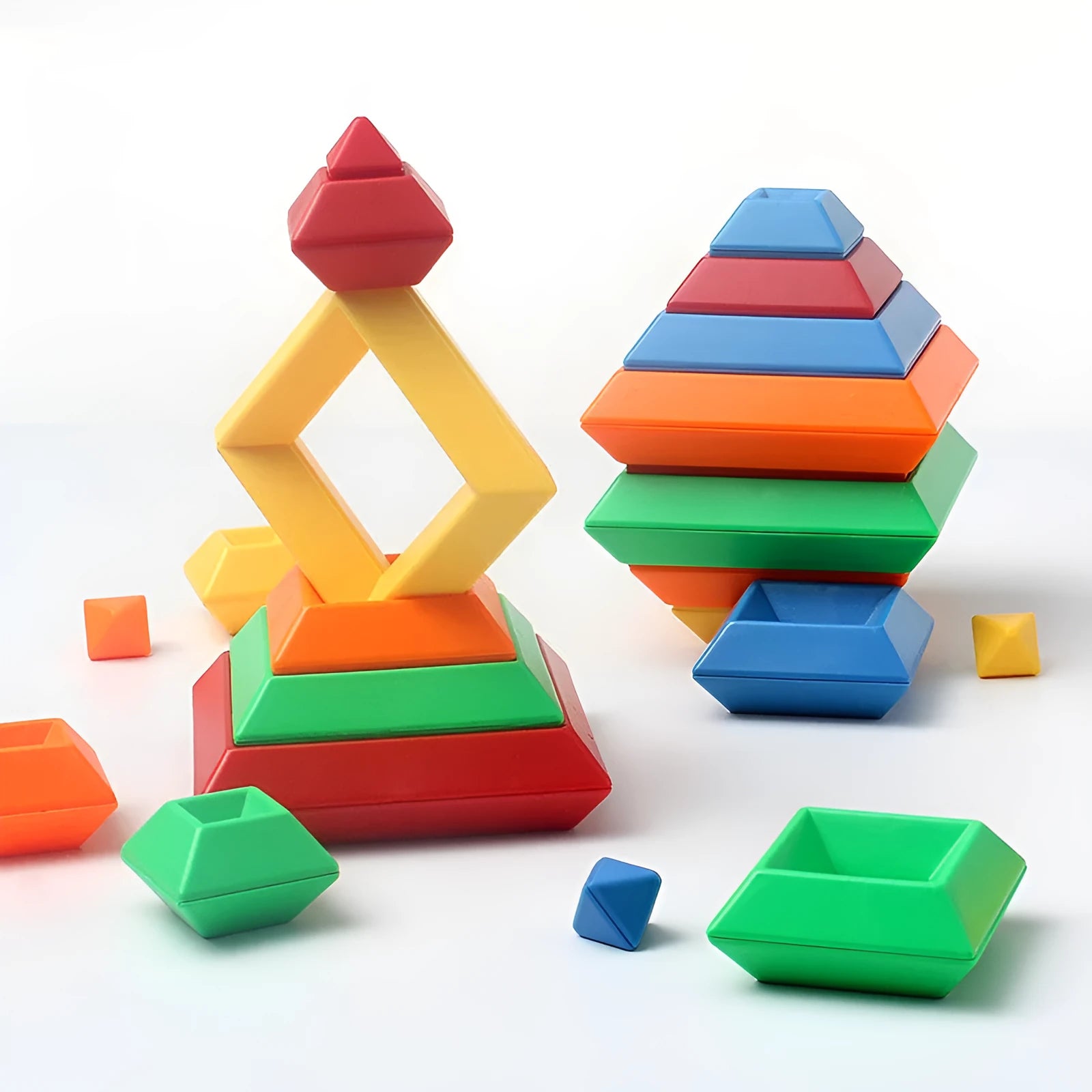 Kids rainbow tower ring wooden jenga style building blocks set with three coloured plastic towers for shape and colour learning