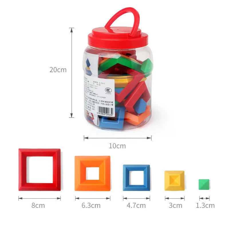 Kids rainbow tower ring wooden jenga style building blocks set with three coloured plastic towers for shape and colour learning