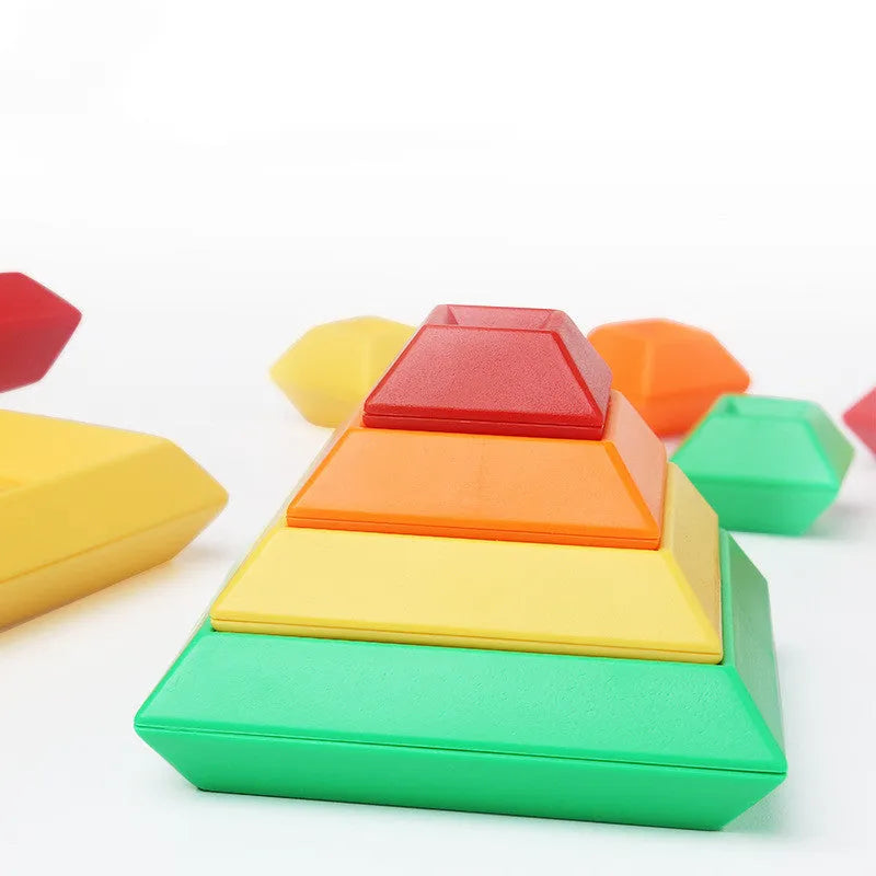 Kids rainbow tower ring wooden jenga style building blocks set with three coloured plastic towers for shape and colour learning