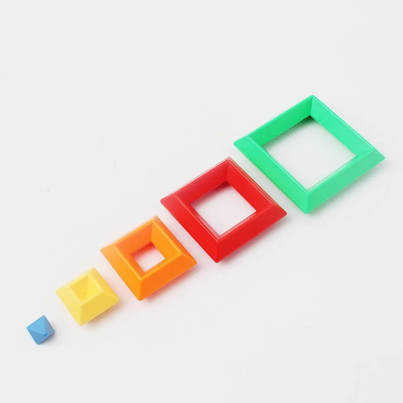 Kids rainbow tower ring wooden jenga style building blocks set with three coloured plastic towers for shape and colour learning