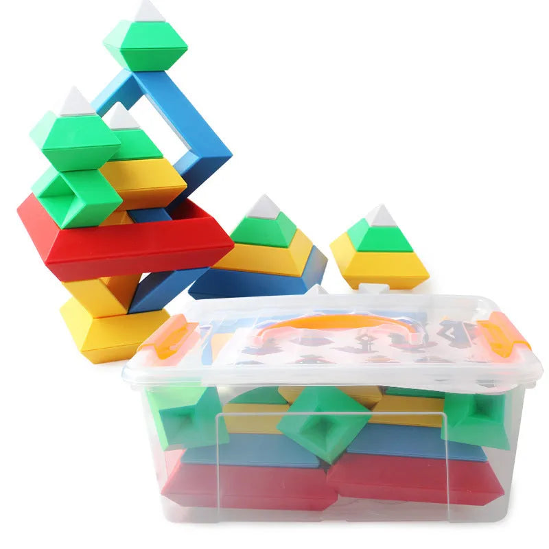 Kids rainbow tower ring wooden jenga style building blocks set with three coloured plastic towers for shape and colour learning