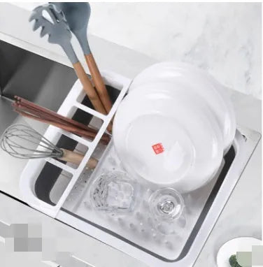 Folding off-white Japanese style dish drainer rack with porous drainage for drying tableware and vegetables
