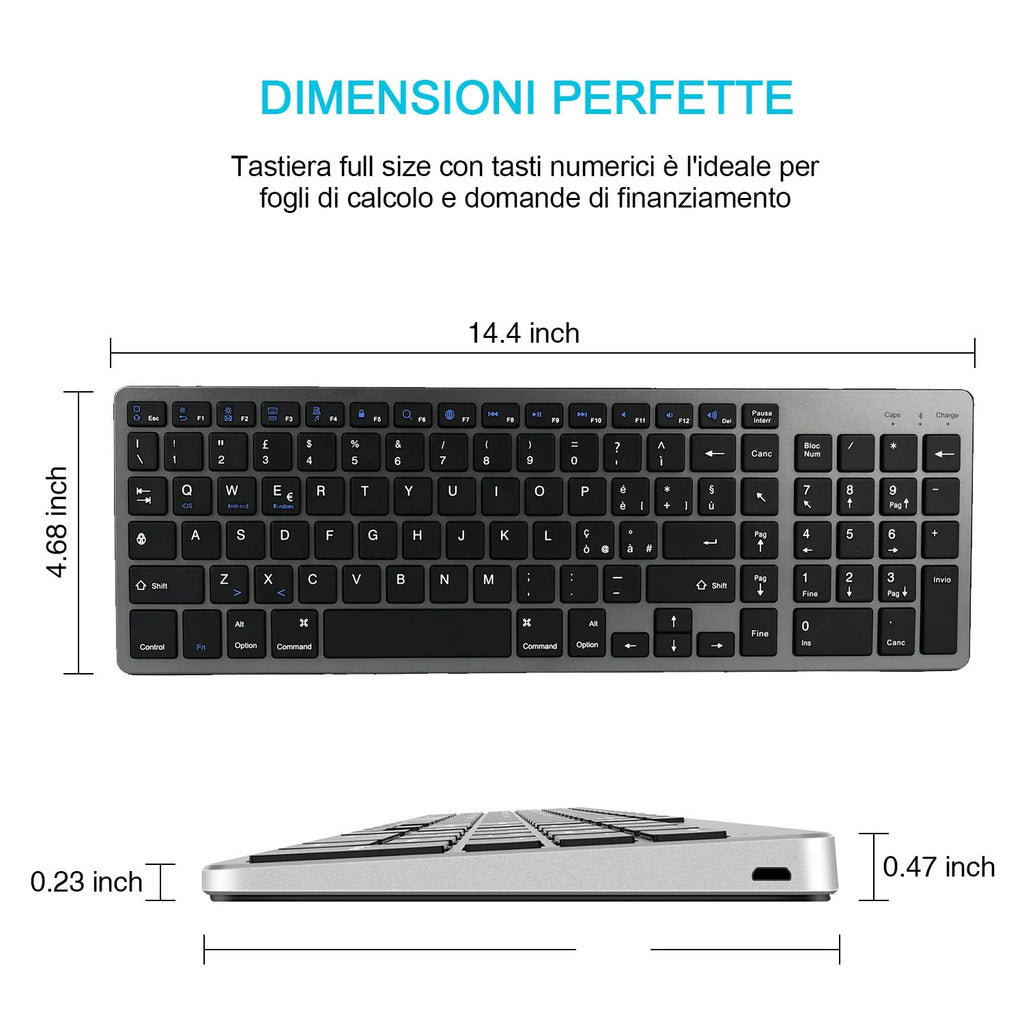 Ultra-thin white rechargeable Bluetooth keyboard for iPad and tablet with 104 keys.