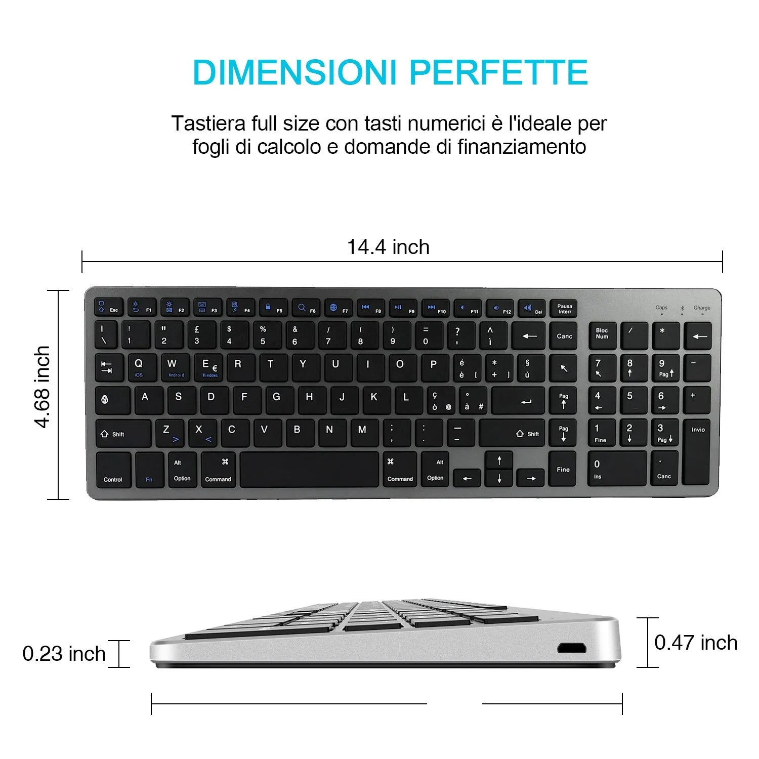 Ultra-thin white rechargeable Bluetooth keyboard for iPad and tablet with 104 keys.