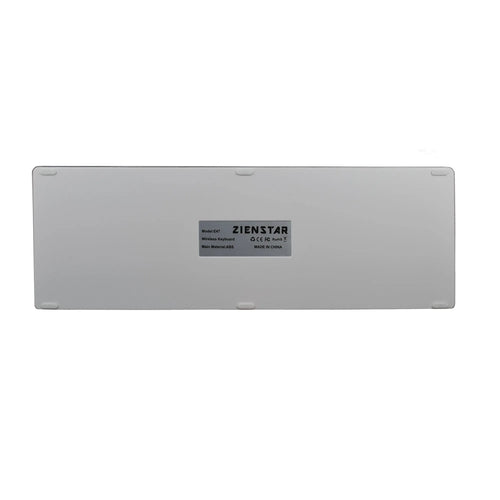 Ultra-thin white rechargeable Bluetooth keyboard for iPad and tablet with 104 keys.