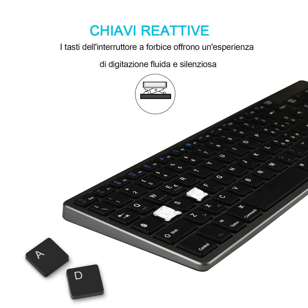 Ultra-thin white rechargeable Bluetooth keyboard for iPad and tablet with 104 keys.