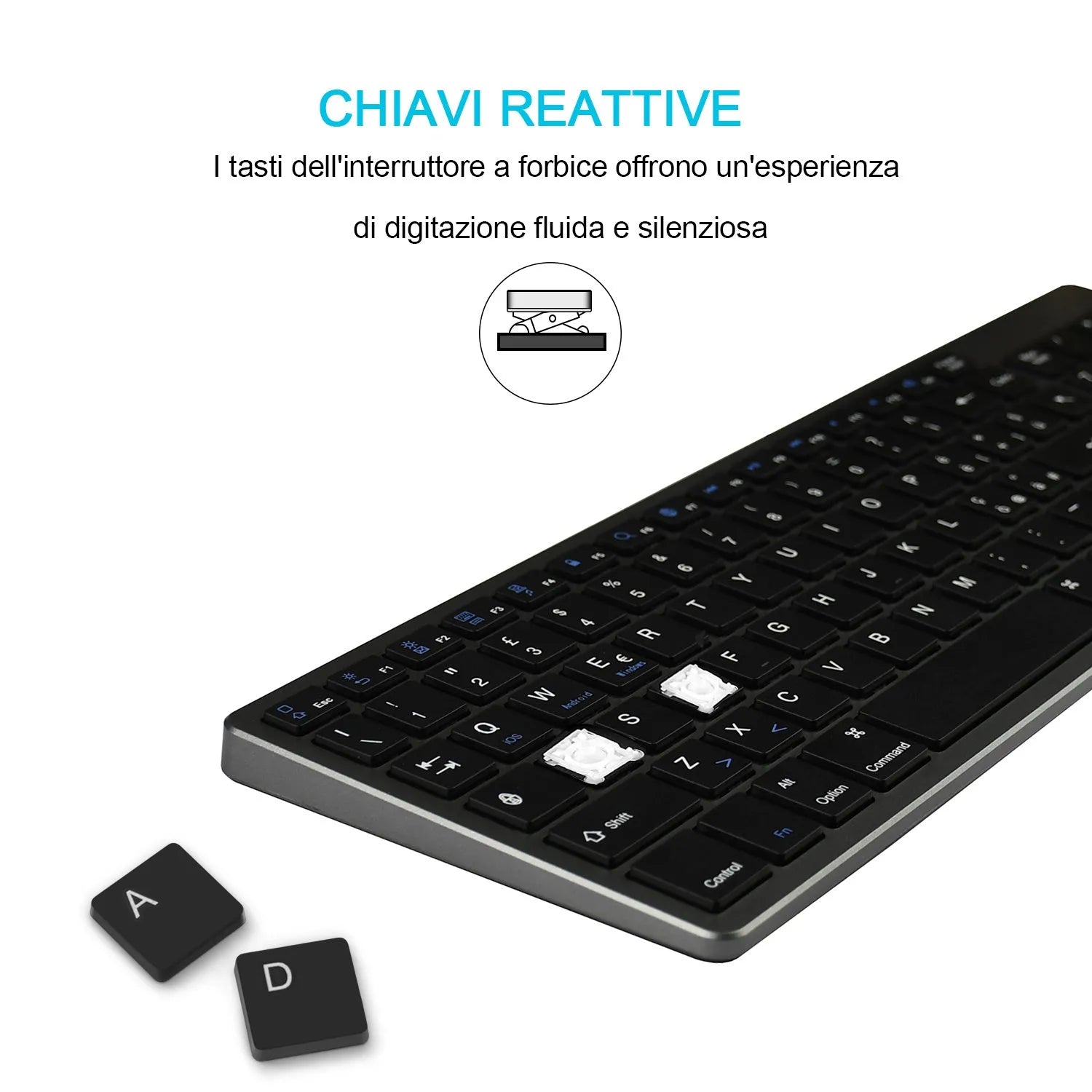 Ultra-thin white rechargeable Bluetooth keyboard for iPad and tablet with 104 keys.