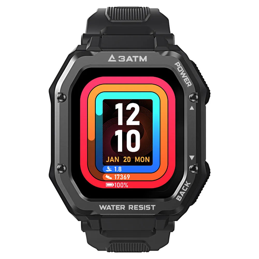 Army green outdoor sports smart watch with 1.69 inch screen showing sports tracking interface