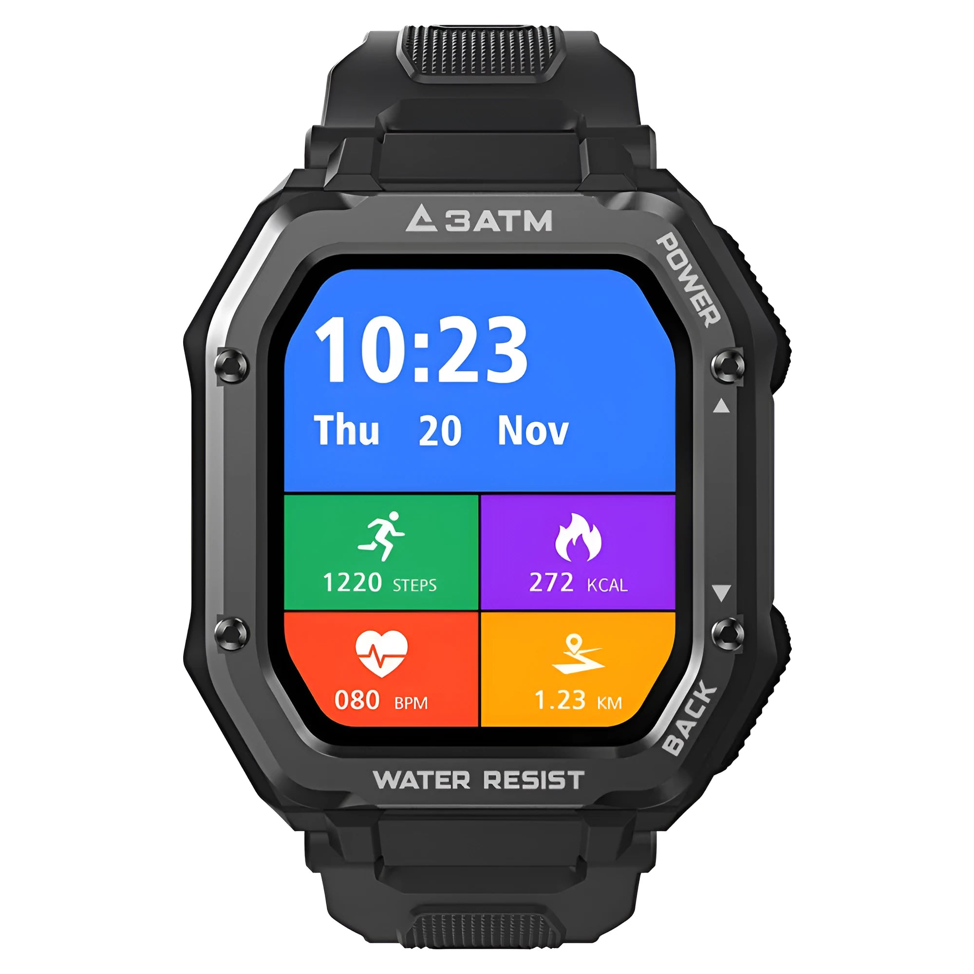 Army green outdoor sports smart watch with 1.69 inch screen showing sports tracking interface