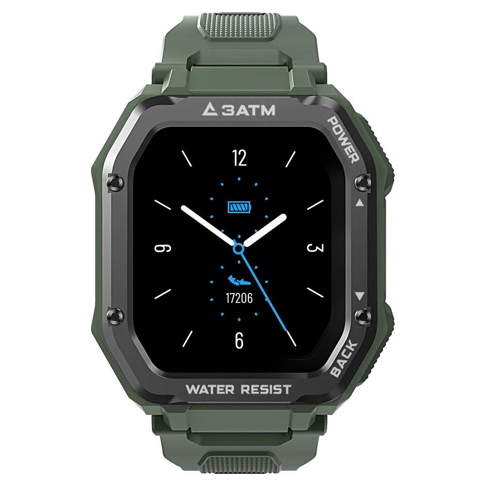 Army green outdoor sports smart watch with 1.69 inch screen showing sports tracking interface
