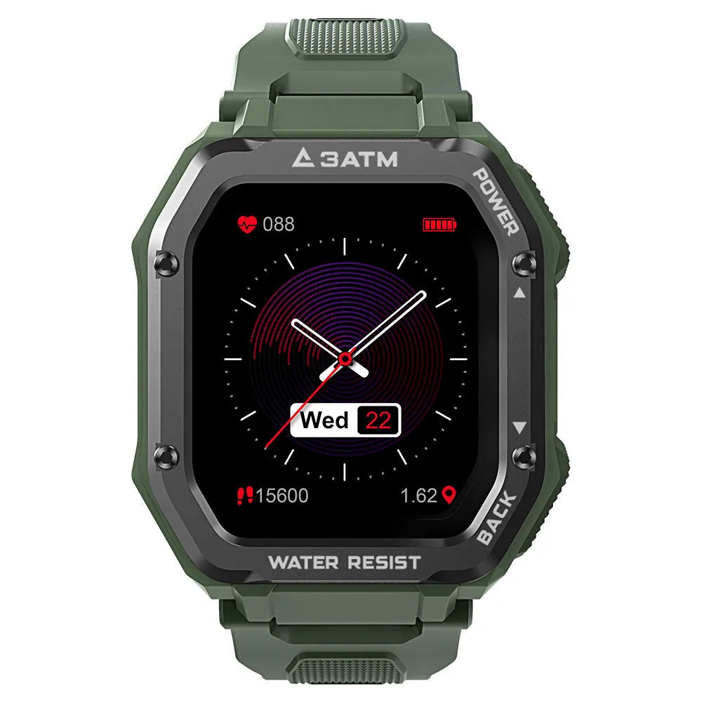 Army green outdoor sports smart watch with 1.69 inch screen showing sports tracking interface
