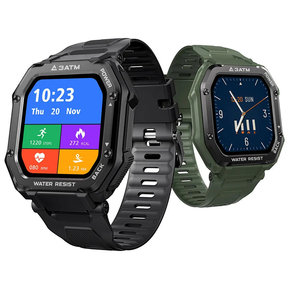 Army green outdoor sports smart watch with 1.69 inch screen showing sports tracking interface