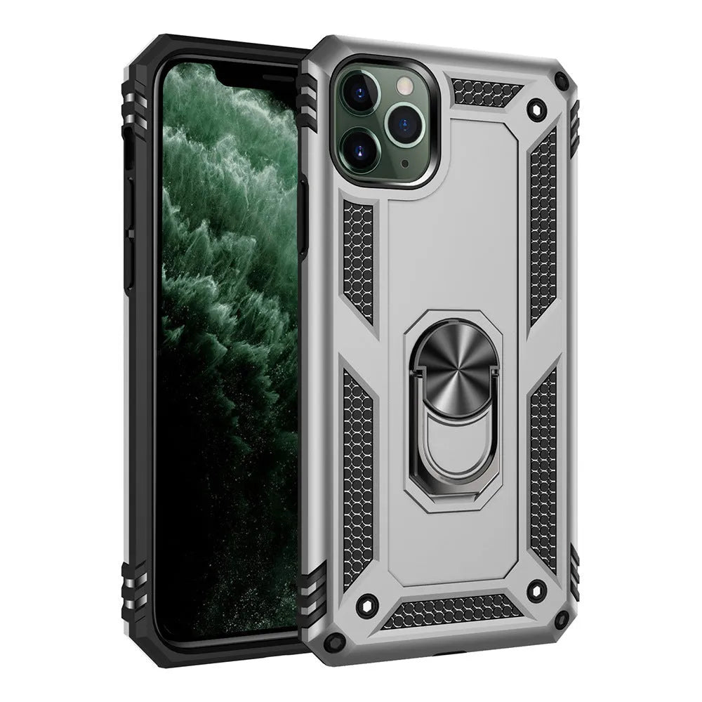TPU and PC anti-drop car phone holder case for Apple iPhone in dark green, shown from the back.