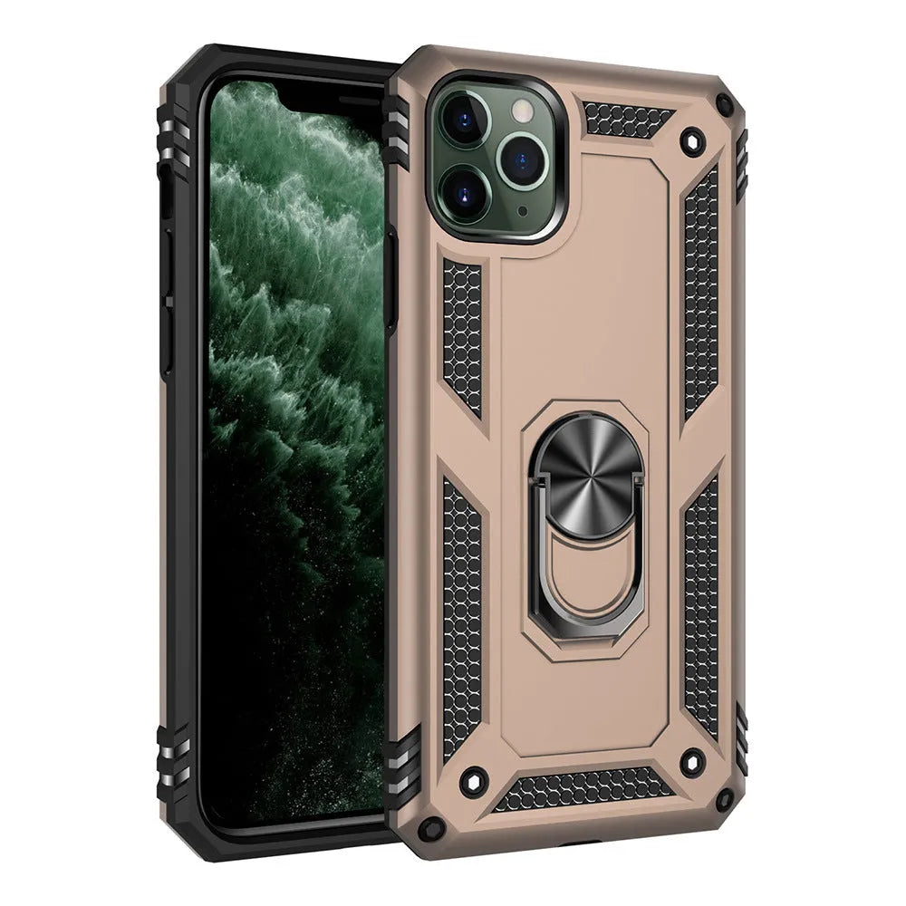 TPU and PC anti-drop car phone holder case for Apple iPhone in dark green, shown from the back.