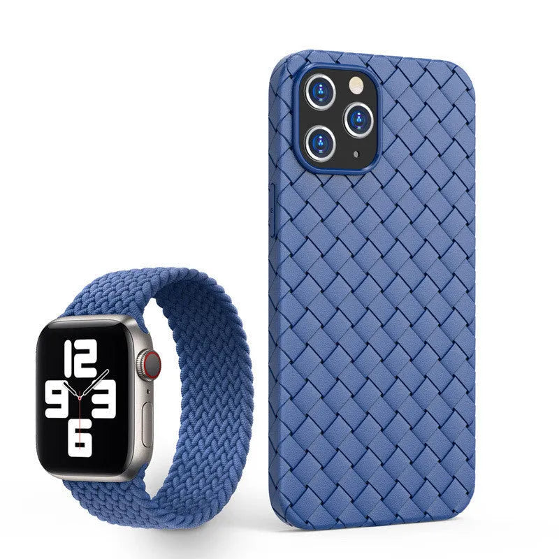 Woven soft black TPU back cover case for iPhone on a white background.