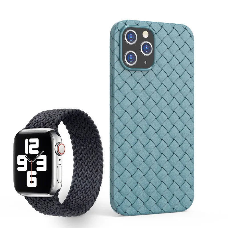 Woven soft black TPU back cover case for iPhone on a white background.
