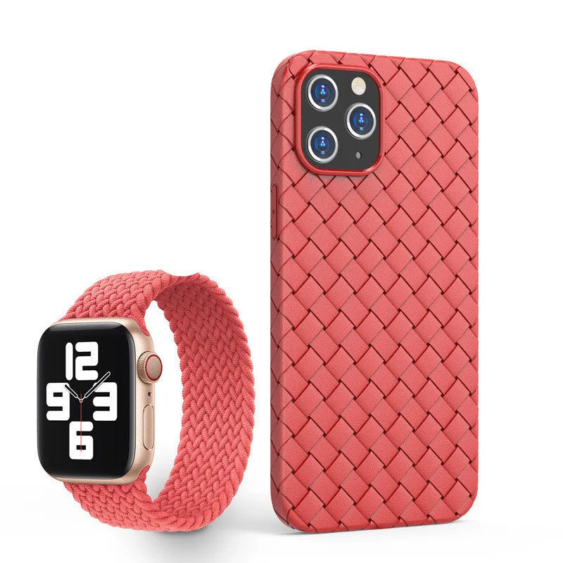 Woven soft black TPU back cover case for iPhone on a white background.