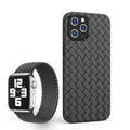 Woven soft black TPU back cover case for iPhone on a white background.