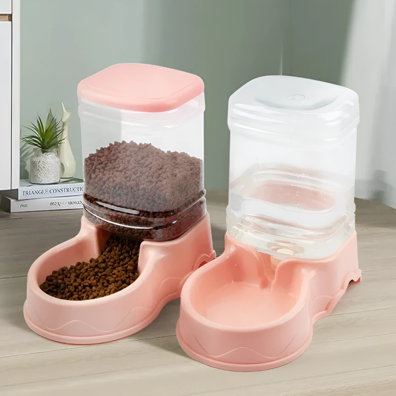 Automatic plastic pet waterer and feeder set for cats and dogs in azure colour