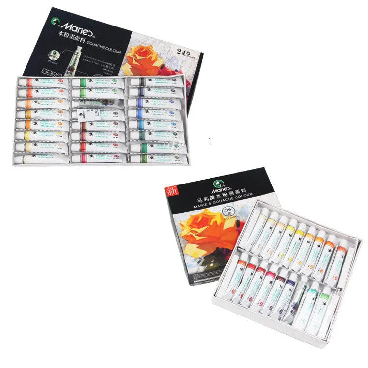 Marley gouache paint set showing 12ml tubes in box with multiple colour options for artists
