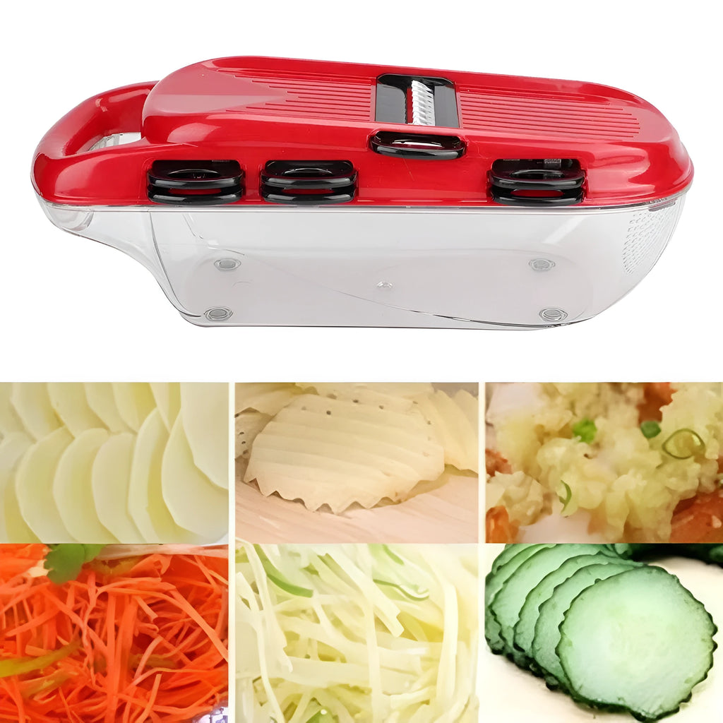 Red multi-function vegetable cutter with seven stainless steel blades and a clear PET collection container.