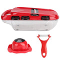 Red multi-function vegetable cutter with seven stainless steel blades and a clear PET collection container.