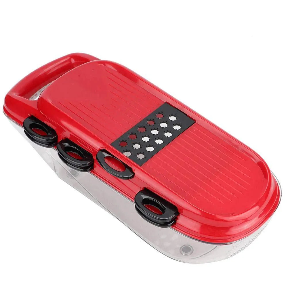 Red multi-function vegetable cutter with seven stainless steel blades and a clear PET collection container.