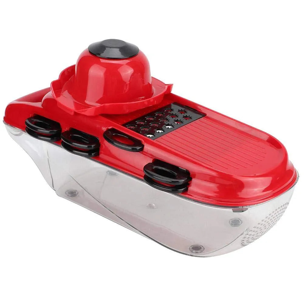 Red multi-function vegetable cutter with seven stainless steel blades and a clear PET collection container.