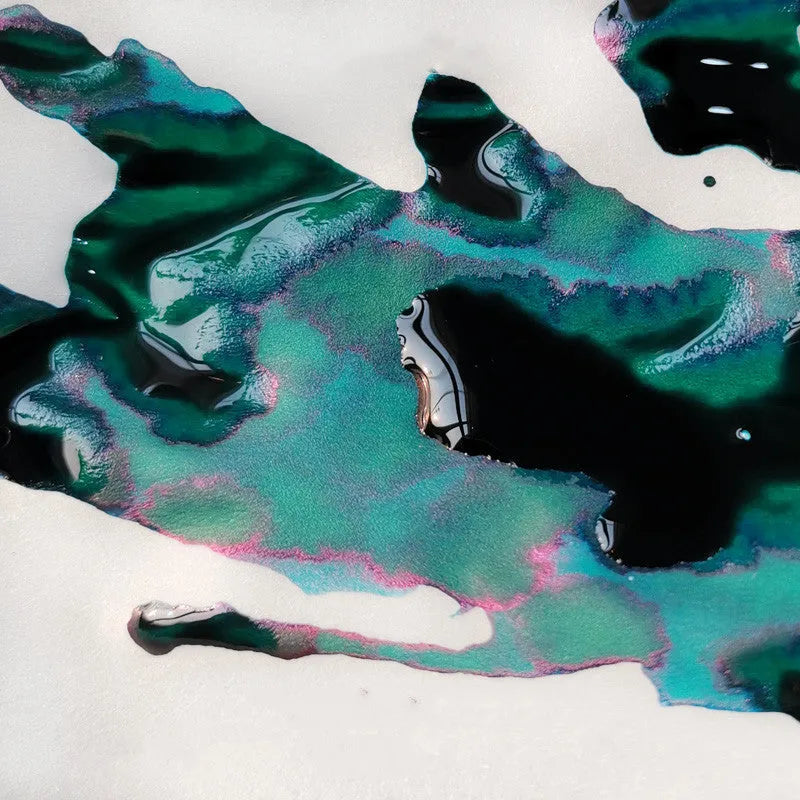 Gradient sheen fountain pen ink with gold powder shimmer in Red Tide and Truffle colours