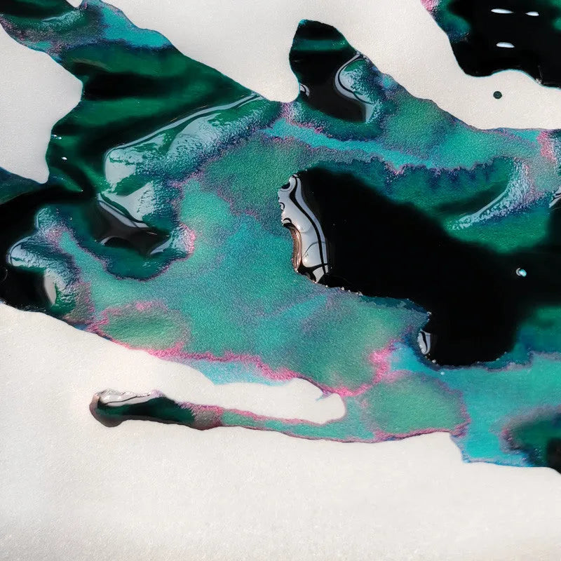 Gradient sheen fountain pen ink with gold powder shimmer in Red Tide and Truffle colours