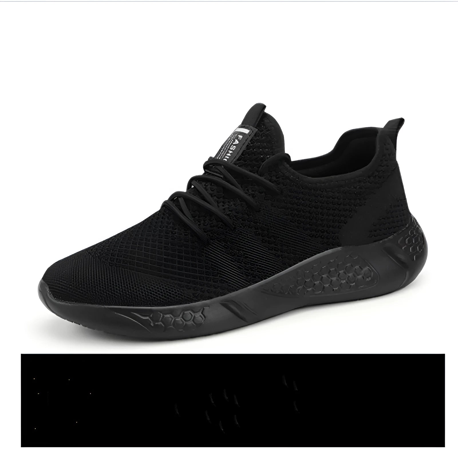Men's black and white mesh sneakers with lace-up closure and PVC sole