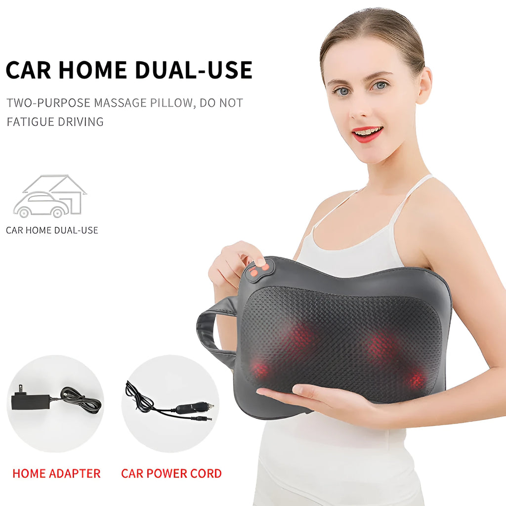 Black rechargeable massage pillow with infrared heat, magnetic therapy and vibration for neck, cervical spine and waist