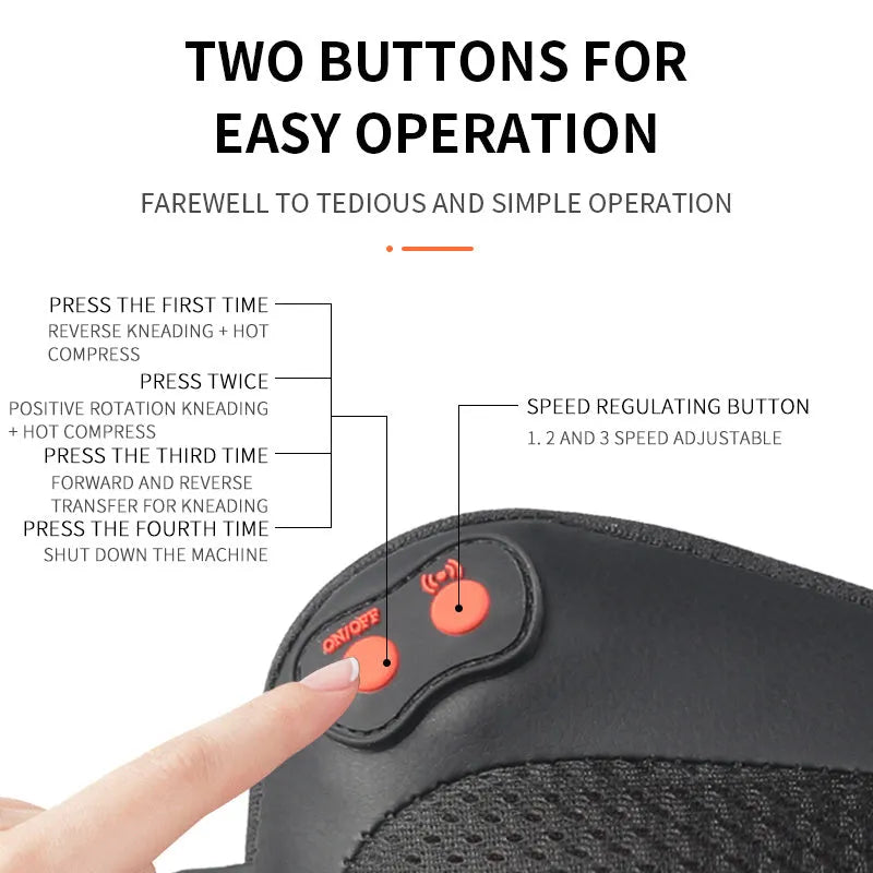 Black rechargeable massage pillow with infrared heat, magnetic therapy and vibration for neck, cervical spine and waist