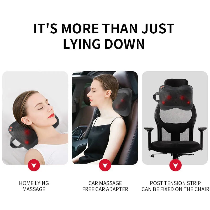 Black rechargeable massage pillow with infrared heat, magnetic therapy and vibration for neck, cervical spine and waist