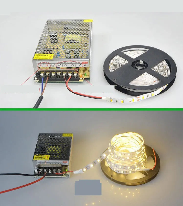 White rectangular 12V LED light strip for shelf lighting, showing 2835 and 5050 style options.