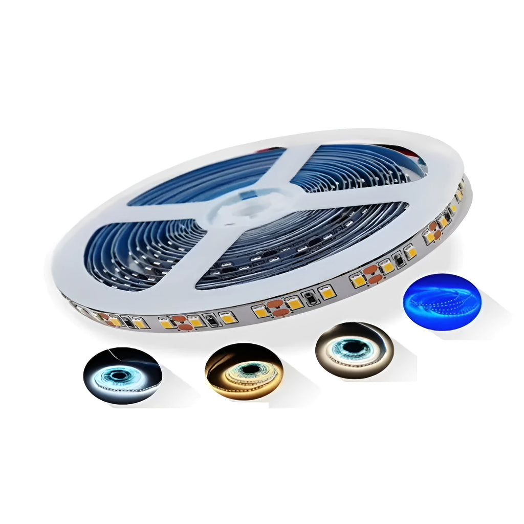 White rectangular 12V LED light strip for shelf lighting, showing 2835 and 5050 style options.