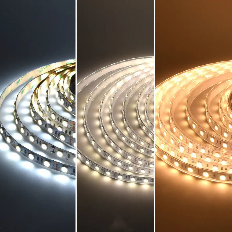 White rectangular 12V LED light strip for shelf lighting, showing 2835 and 5050 style options.