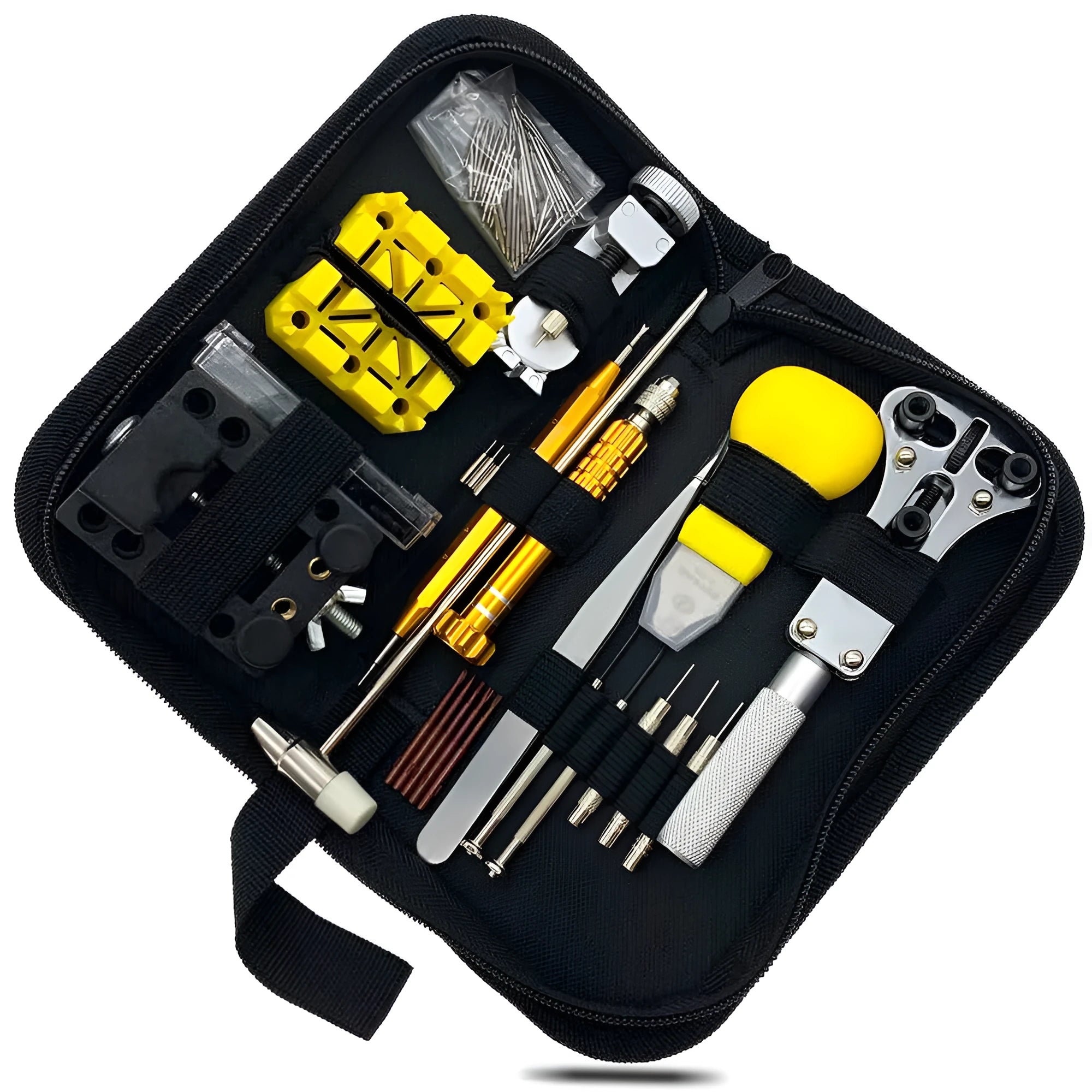 148-piece watch repair tool set with alloy steel tools and diamond hands in a compact case