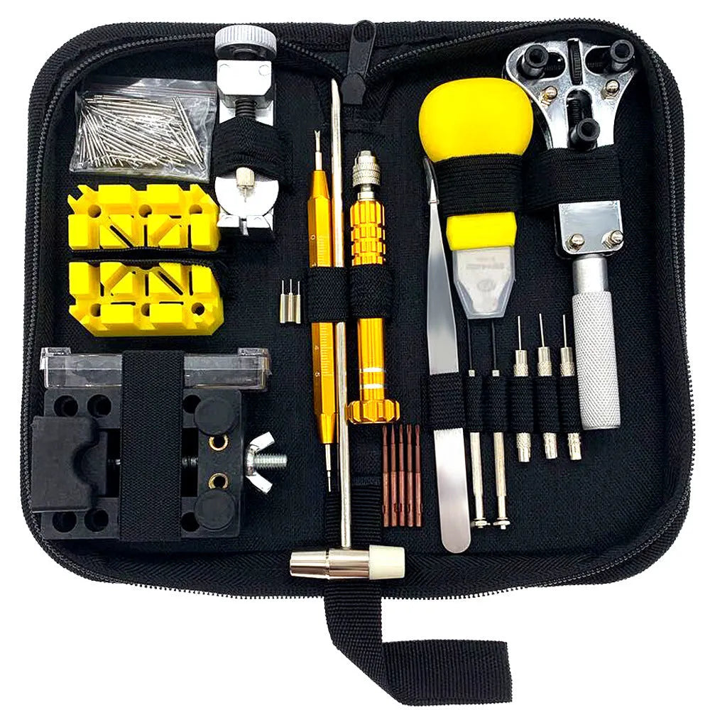 148-piece watch repair tool set with alloy steel tools and diamond hands in a compact case