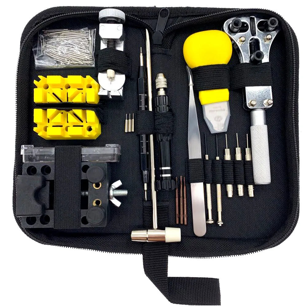 148-piece watch repair tool set with alloy steel tools and diamond hands in a compact case