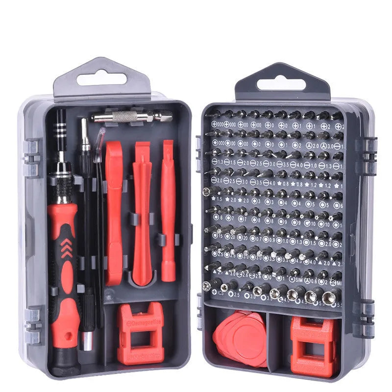 117-in-1 double-sided magnetic CRV screwdriver bit set with flexible extension in black case.