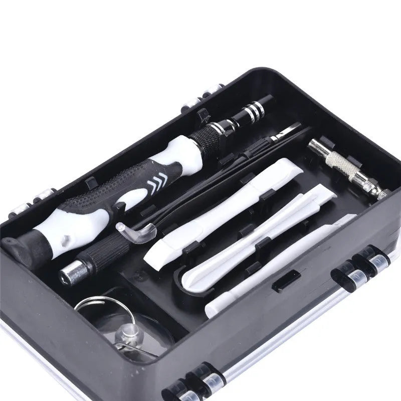 117-in-1 double-sided magnetic CRV screwdriver bit set with flexible extension in black case.